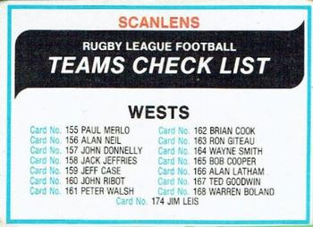 1980 Scanlens - Checklists #NNO Western Suburbs Front